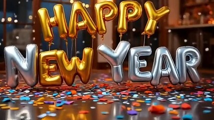 Photorealistic Happy New Year 3D balloon letters in gold and silver, falling confetti, festive party background - Powered by Adobe