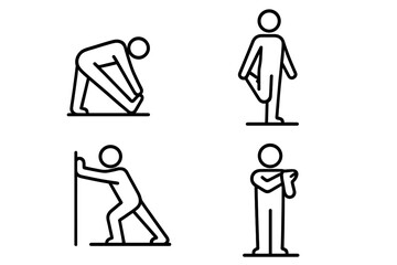 Outline Stretch Routine Icons Set, At-Home Hamstring Stretch, Quad Stretch, Calf Stretch and Shoulder Stretch, Fitness Warm-Up Exercises, Health and Flexibility Vector Cartoon