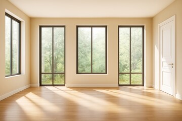 Bright empty modern room interior with large windows, wooden floor, and natural light casting shadows on walls and floor in contemporary style.