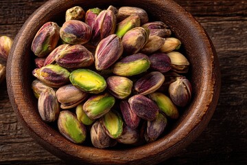 Pistachios in wooden bowl on rustic table
