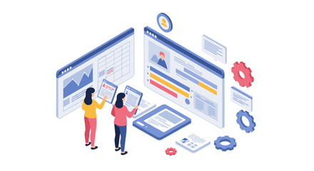 Isometric teamwork and data analysis concept with charts and devices