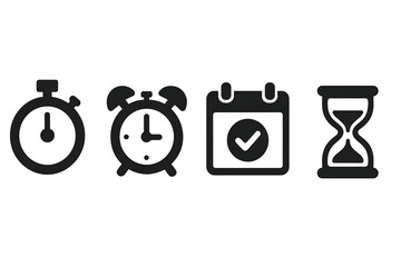 Time management icons solid filled vector set with stopwatch, alarm clock, calendar reminder, hourglass, productivity symbols, deadline, schedule, time efficiency