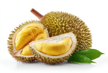 Obraz premium Fresh durian fruit, cut open, with leaves