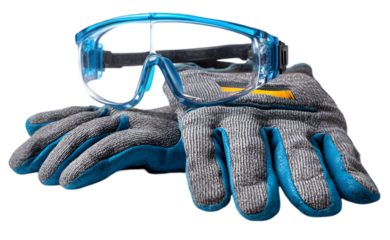 Protective gloves and safety glasses resting on a clean surface, showcasing essential gear for work safety