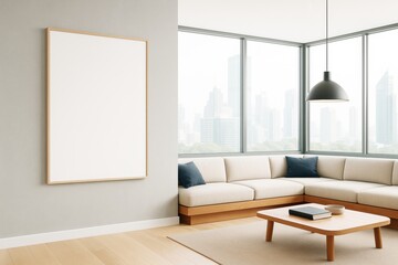 Modern minimalist living room interior with blank picture frame on wall and city view through large windows for branding or mockup concept.