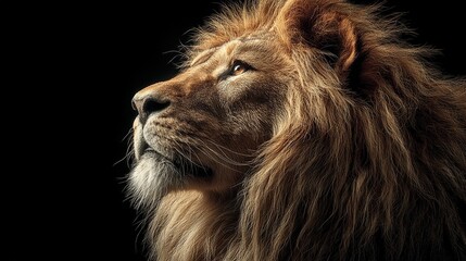 Naklejka premium Majestic lion with head turned sideways—soft light illuminates against all-black background, shot from right rear-low angle; profile view captures powerful presence, large cascading mane, confident