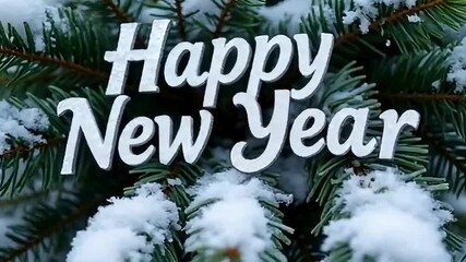 Snow-covered pine branches framing silver Happy New Year text, winter wonderland holiday greeting - Powered by Adobe