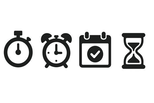 Time management icons solid filled vector set with stopwatch, alarm clock, calendar reminder, hourglass, productivity symbols, deadline, schedule, time efficiency