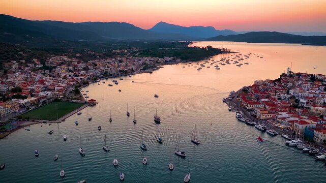 Aerial view of the town of Galatas at the oposite of Poros island in the Saronic Gulf, Greece, during summer sunset time