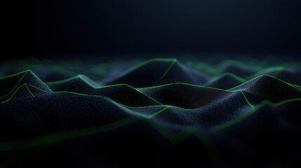 Abstract digital landscape with neon green grid on dark surface