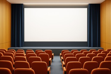 Empty modern cinema room with red seats and blank screen in contemporary interior with wooden walls and curtains, perfect for branding mockup.