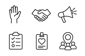 Volunteer work and charity line icons set. Community support, social services, and donation concept. Vector symbols of helping hand, handshake, megaphone, and teamwork.