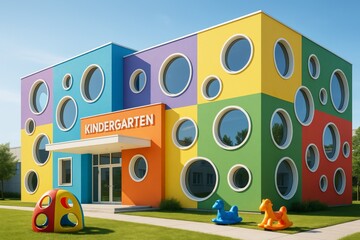 Colorful modern kindergarten building with circular windows and playful outdoor toys on a sunny day with clear blue sky in suburban area. Ai generative