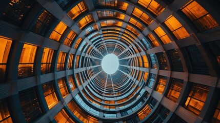 Looking Up at a Modern Building with Illuminated Windows
