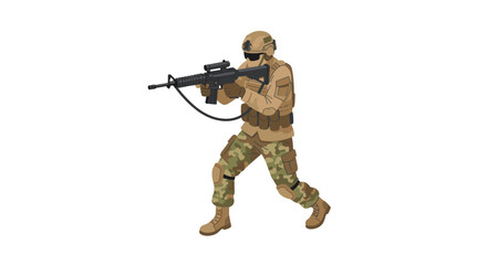 Soldier in tactical gear holding rifle in dynamic stance