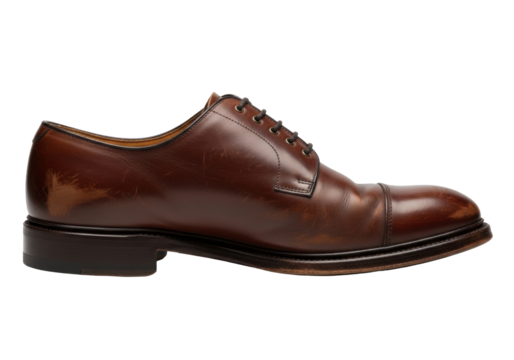 Classic men's deep brown leather Oxford shoe, heavily worn with scuffs and creases, against a clean transparent studio background, shadowless product photography concept