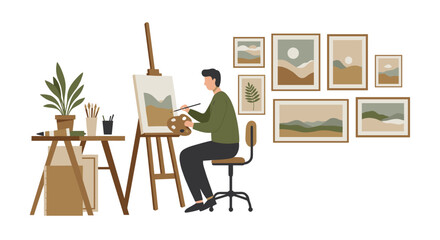 Artist painting landscape in modern home studio