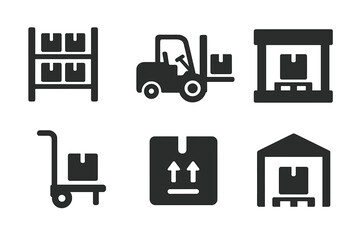 Warehouse logistics solid icon set. Storage, shipping, and distribution symbols. Forklift, pallet jack, loading dock, and delivery package vector glyph collection.