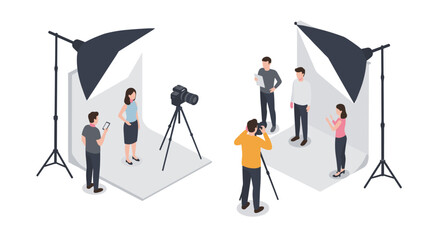 Professional photo studio isometric setup with photographers and models under softbox lighting