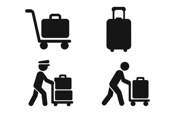 Travel icon set. Solid filled pictograms. Baggage assistance and luggage trolley symbols. Suitcase with handle and airport porter pushing cart. Vector passenger glyphs.