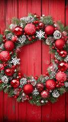 Festive Wreath's Charm: A beautifully crafted holiday wreath adorns a rustic wooden door, filled with festive red ornaments, sparkling embellishments, and natural evergreens.