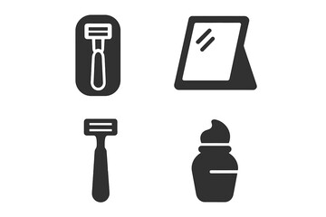Shaving travel kit vector icon set. Solid glyph icons of a razor, case, foldable mirror, and cream. Men's grooming, hygiene, bathroom essentials, and personal care accessories.
