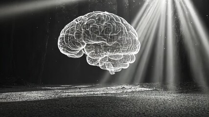 A low angle static shot of a 3D brain model in a dark forest, illuminated by rays of light. - Powered by Adobe