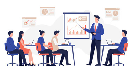 Business team analyzing data presentation in modern office setting with charts and graphs