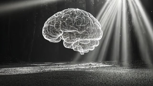 A low angle static shot of a 3D brain model in a dark forest, illuminated by rays of light. - Powered by Adobe
