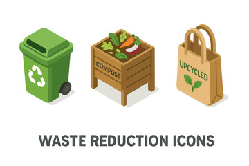 Waste reduction icons. Isometric flat icon set. Recycling bin, compost, upcycled tote bag. Eco-friendly strategies. Sustainable lifestyle. Zero waste concept. Vector illustration.