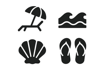 Summer beach vacation icon set. Solid glyph collection with lounge chair, umbrella, ocean wave, seashell and flip flops. Simple minimal travel and holiday vector symbols.