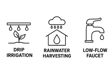 Water conservation icon set. Save water concept with drip irrigation, rainwater harvesting, low-flow faucet. Environment, ecology, sustainability outline vector symbols.