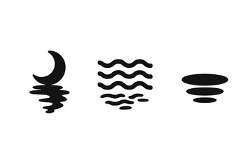 Obraz premium Water reflection icon set. Vector silhouette graphics of moon mirrored on liquid surface. Abstract symbols for ripples, waves, and calm lake water textures. Minimalist design.