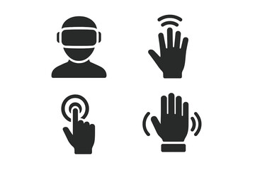 Virtual reality solid icon set. VR headset, hand tracking, gesture control, haptic feedback symbols. For metaverse, AR, gaming, UI, and UX design. Vector illustration.