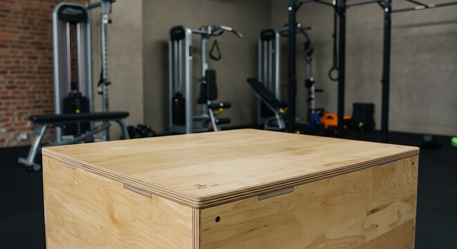 Mockup wooden plyometric box in a modern gym setting for fitness training commercial usage - Powered by Adobe