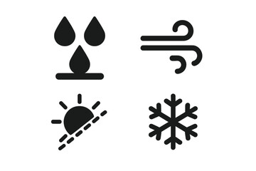 Weathering glyph icon set. Vector symbols of material properties and natural effects. Rain drop for waterproof, wind for windproof, sun for UV resistance, snowflake for frost proof.