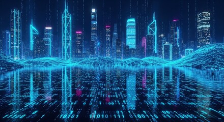 Digital city skyline in the metaverse with binary code and data reflection