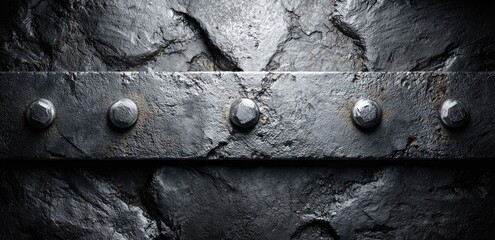 Dark metal band with rivets on a rough stone surface