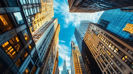 Urban skyscrapers rise towards a vibrant sky