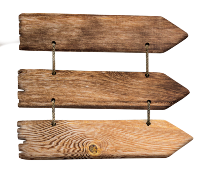 Three hanging wooden arrows pointing right on transparent background