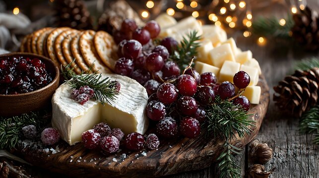 Festive cheese board with grapes, crackers, and cranberry sauce makes a delightful holiday appetizer spread.