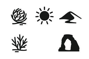 Solid icon set of Western desert elements. Tumbleweed, sun, sand dune, sagebrush, rock arch. Wild west, Arizona, Utah. Nature, travel, heat, arid landscape vector symbols.
