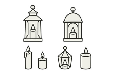 Lantern and candle icon set in minimalist line art style. Vector for festive design. Antique lamp, burning flame. Holiday decoration, celebration, cozy home ambiance concept.