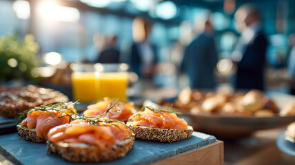 A delectable spread of salmon canap&eacute;s and fresh juice, perfect for a brunch or special occasion in a sophisticated setting.