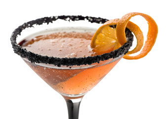 Close up of a cocktail in a martini glass with an orange peel and a black sugar rim decoration