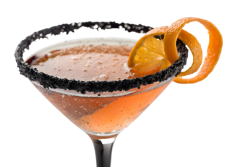 Close up of a cocktail in a martini glass with an orange peel and a black sugar rim decoration