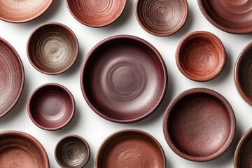 Assorted terracotta bowls arranged on white background