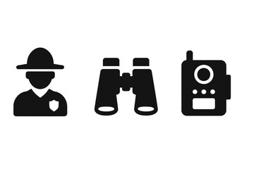 Wildlife conservation vector icon set. Forest ranger, park officer, binoculars and trail camera symbols. Nature protection, poaching surveillance and animal observation concept.