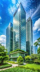 Obraz premium Contemporary skyscraper with sleek glass and steel facade amidst lush green urban oasis