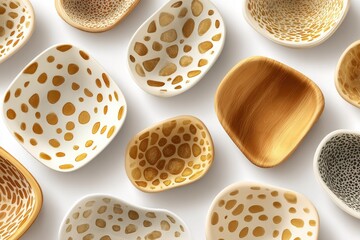 Various patterned and plain bowls, top-down view
